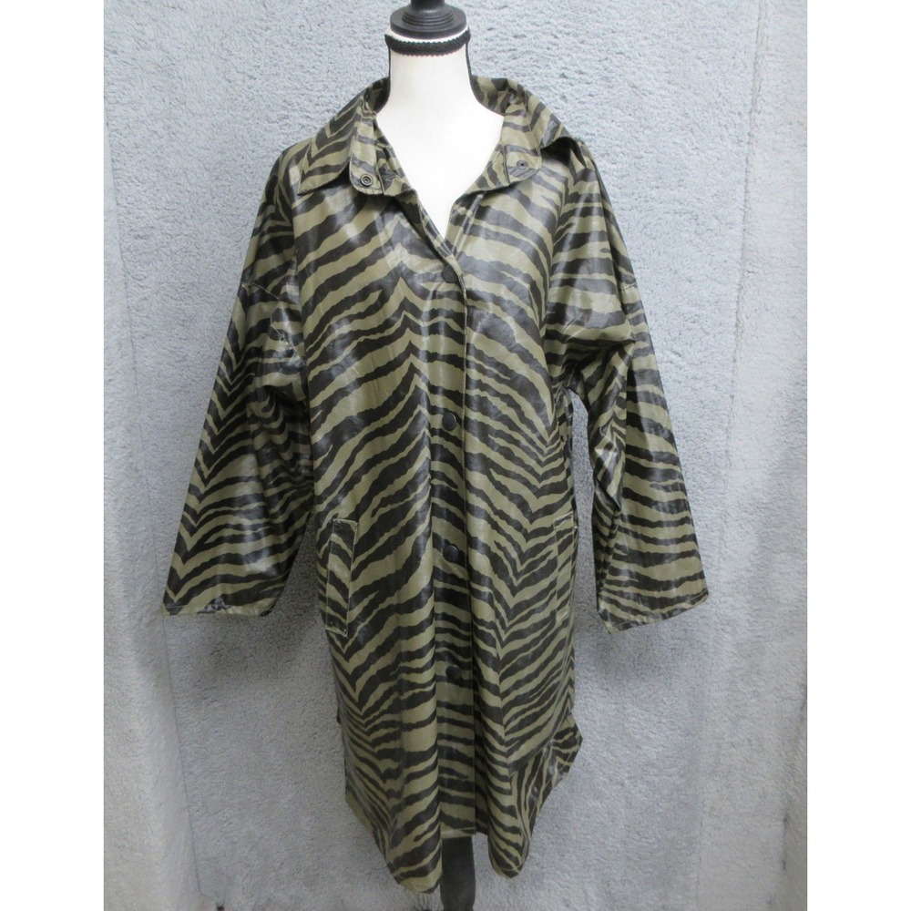 Vintage 90s Wippette Raincoat Women M Green Black Zebra Animal Print Retro Y2K